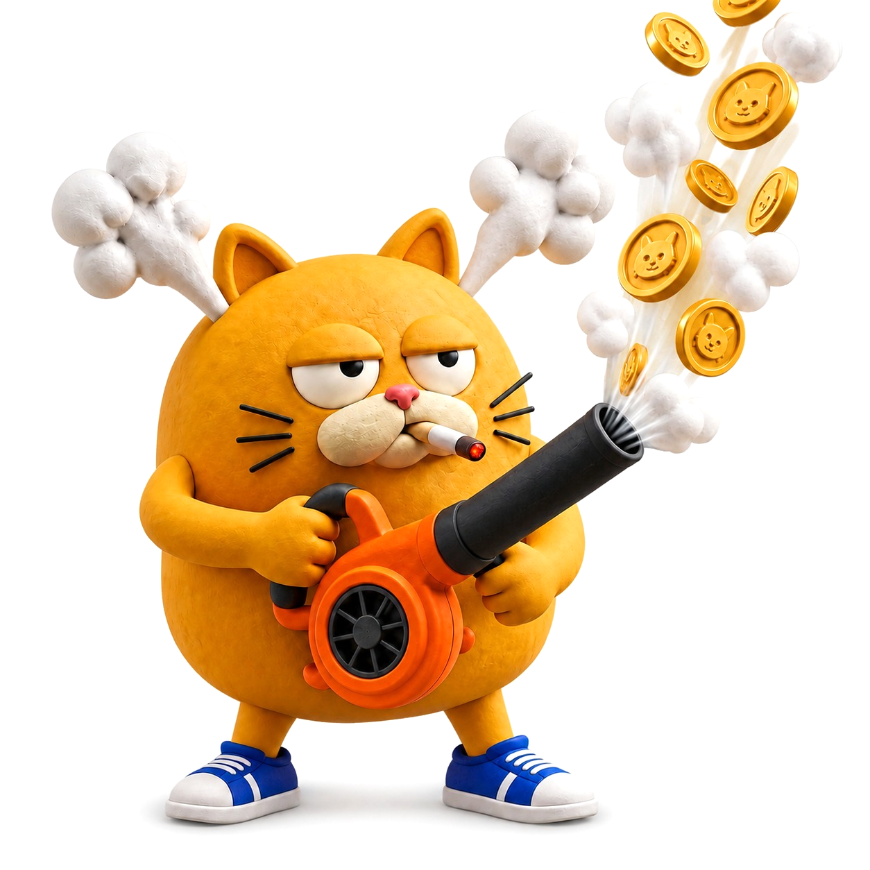 Gus, a clay cat, blowing coins up with a leaf blower